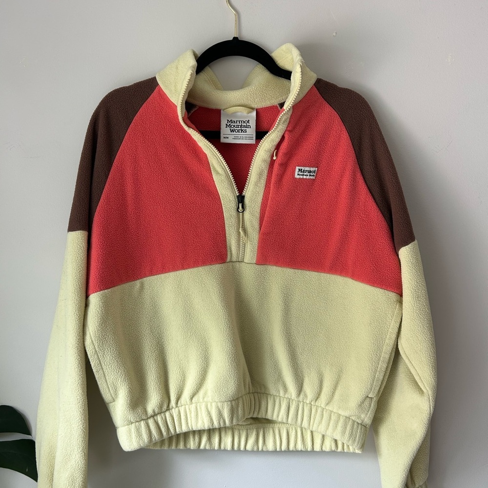Marmot Coral and Butter Yellow Colorblock Quarter-Zip Sweater
